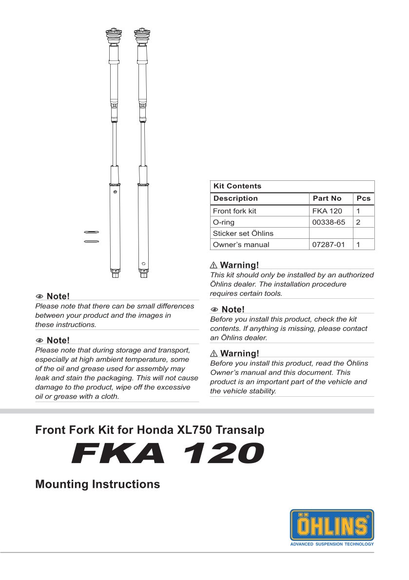 สปริงโช้คหน้า Ohlins FKA120 For Honda XL 750 Transalp 2023-2024