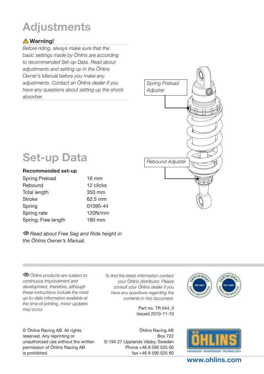 โช๊คหลังแต่ง Ohlins TR044 For Triumph Tiger 1050 ปี 2007-2012