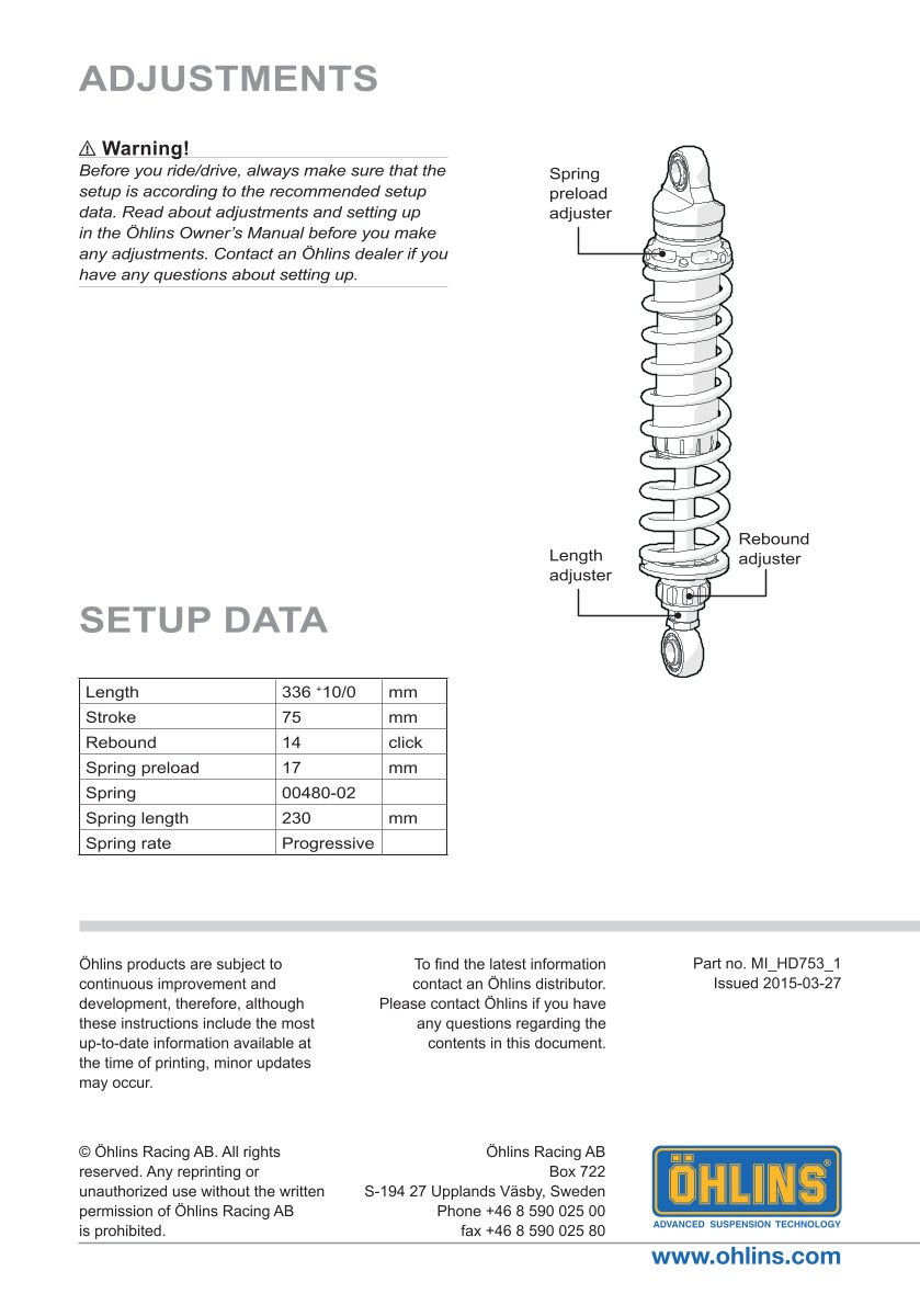 โช๊คหลังแต่ง Ohlins HD753 For Harley-Davidson XL Sportster ปี 2004-2022