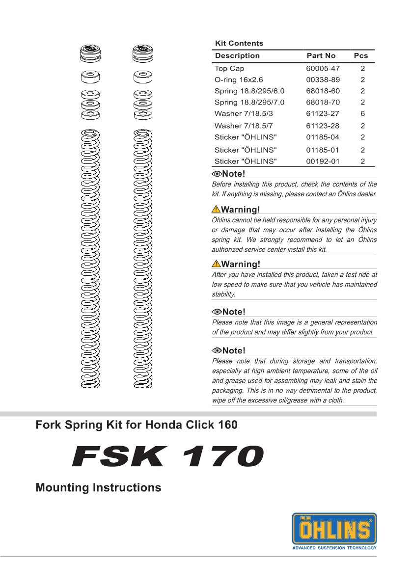 สปริงโช้คหน้า Ohlins FSK170 For Honda Click 160 2022