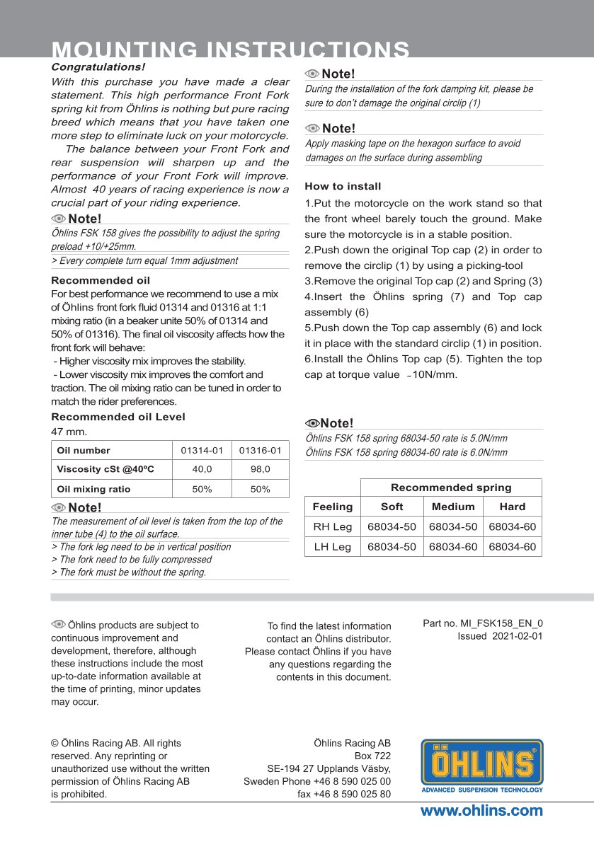 สปริงโช้คหน้า Ohlins FSK158 For Honda Forza350 2020-2021