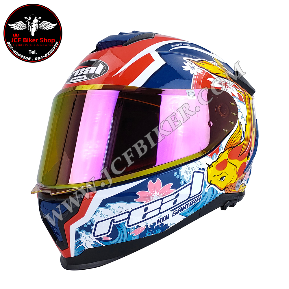 หมวกกันน็อคเต็มใบ หมวกกันน็อค Real Helmets รุ่น Hurricane Koi Sakura น้ำเงิน-แดง