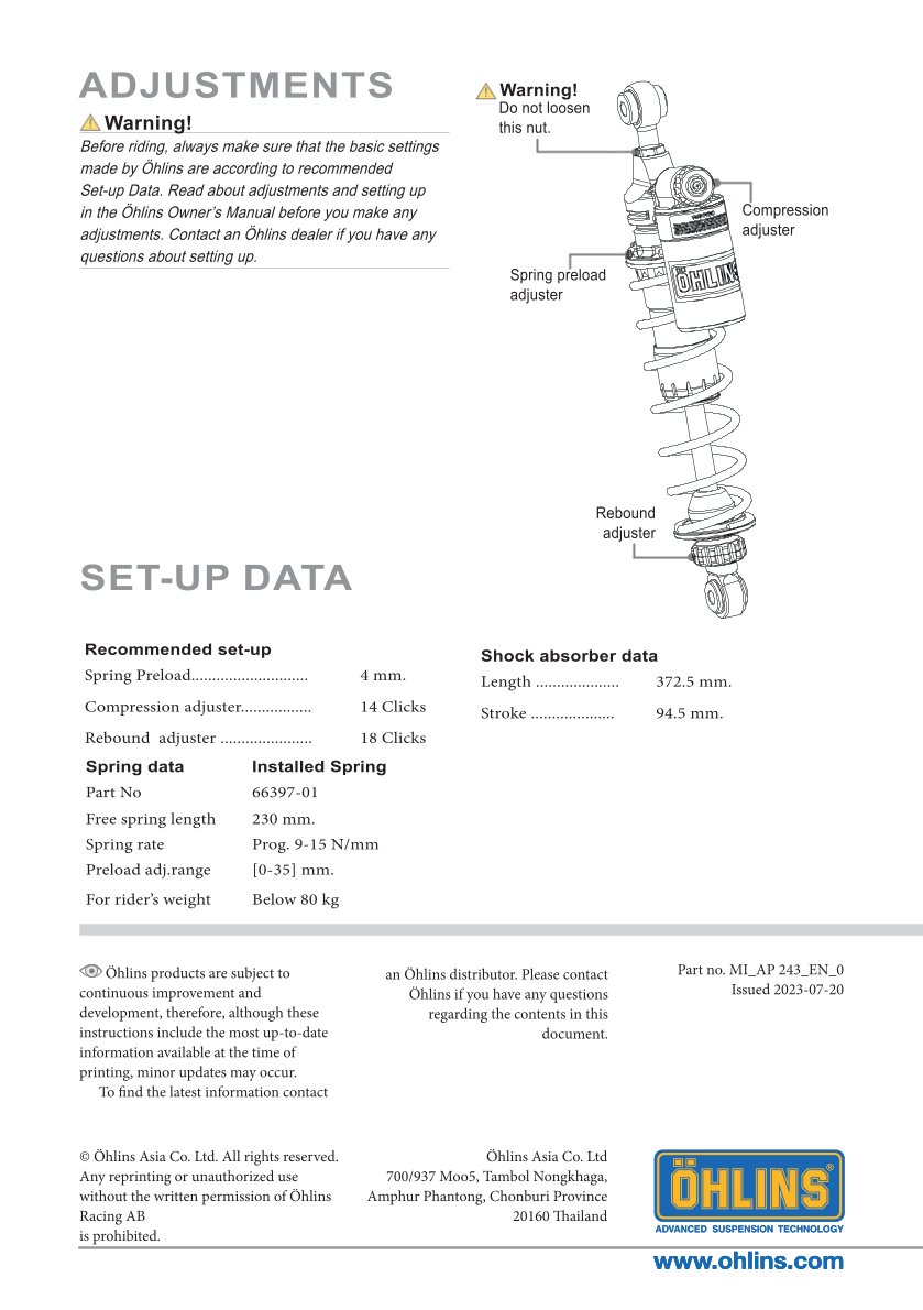 โช๊คหลังแต่ง Ohlins AP243 For Aprilia SR GT 200 ปี 2022-2023