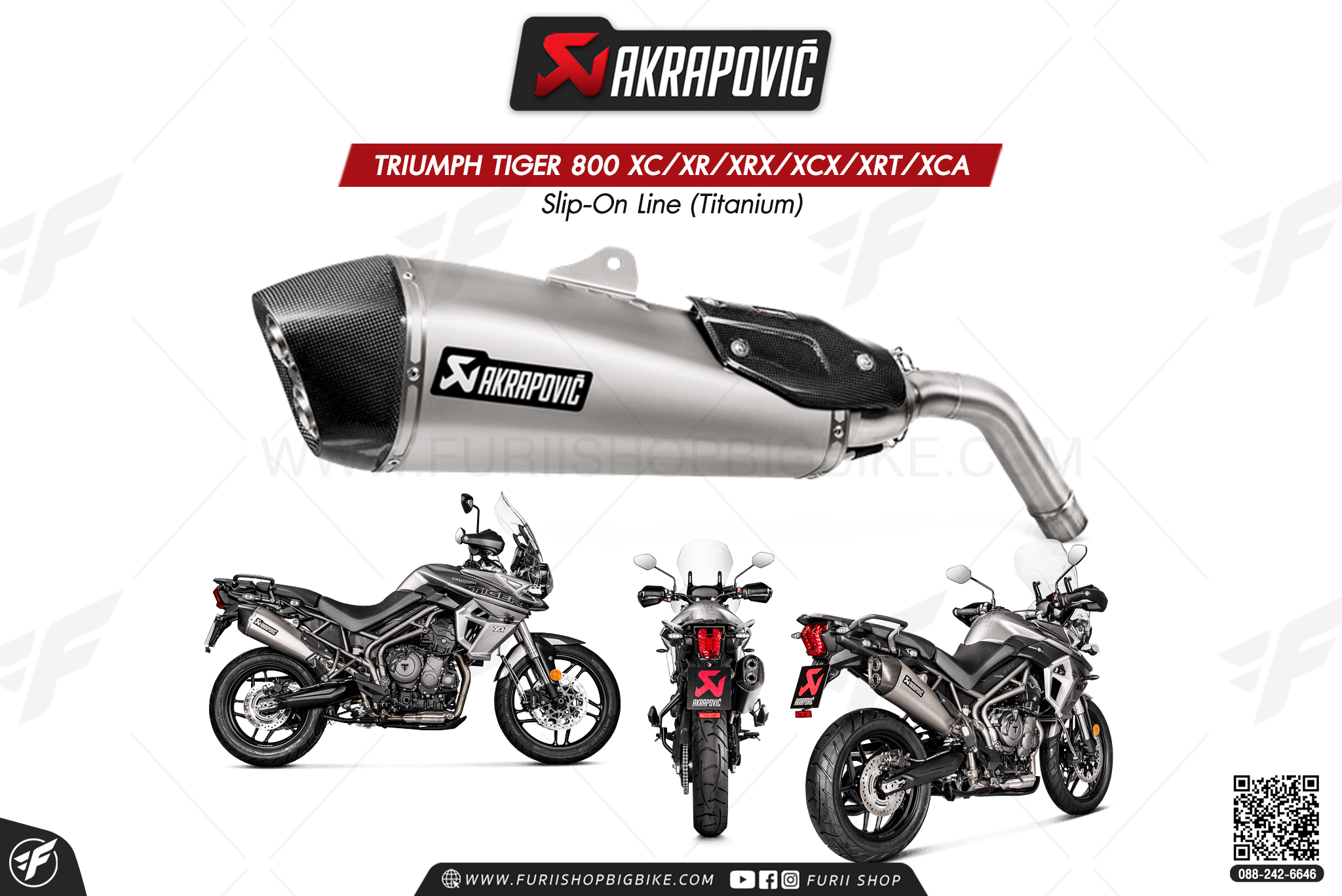 ท่อแต่ง Akrapovic Exhaust Slip-On Line (Titanium) TRIUMPH TIGER 800 XC/XR/XRX/XCX/XRT/XCA