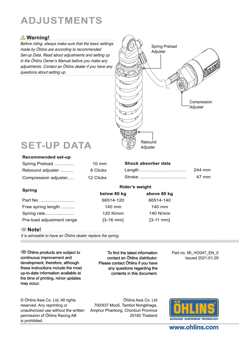 โช๊คหลังแต่ง Ohlins HO047 For Honda MSX125 (USA-GROM RR '22-) ปี 2021-2023