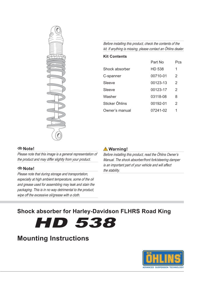 โช๊คหลังแต่ง Ohlins HD538 For Harley-Davidson FL Touring (Road King, Street Glide, Electra Glide etc) ปี 1988-2018