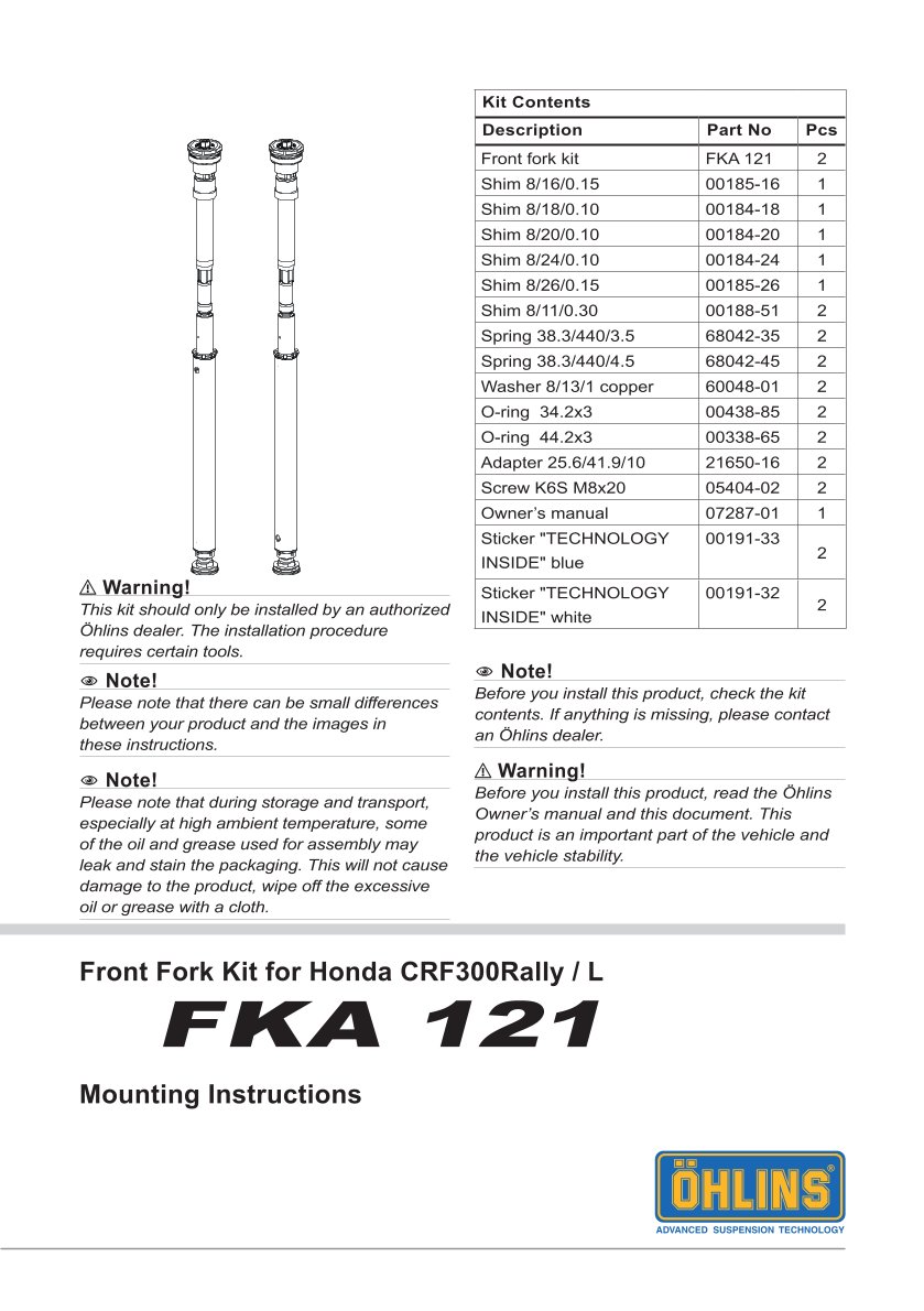 สปริงโช้คหน้า Ohlins FKA121 For Honda CRF300L (Europe/US) 2021-2023