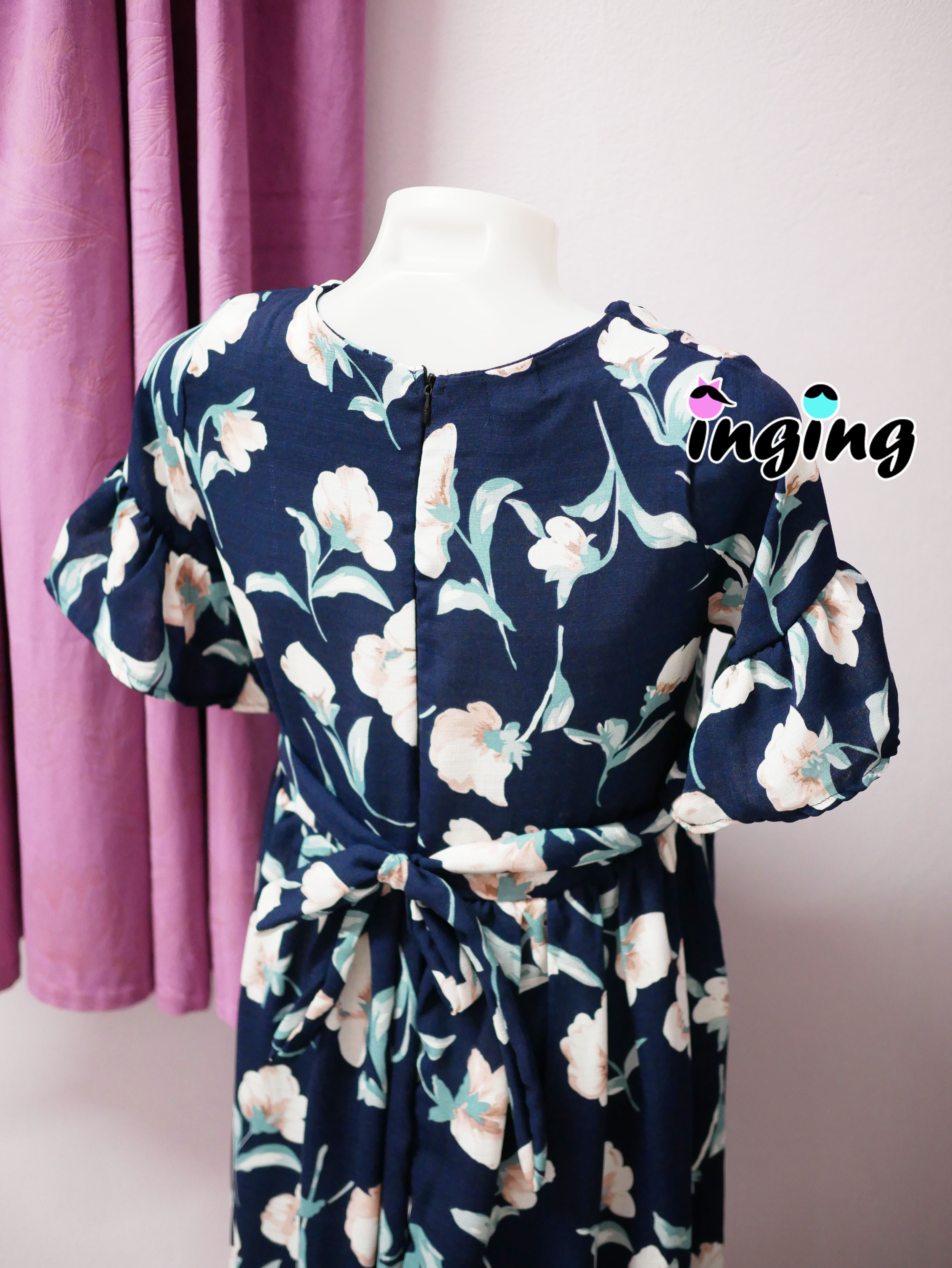 D11_[Size-XL-สีกรมลายดอกไม้]_เดรสเปิดให้นมแบบซิปแขนระบาย+ใส่คลุมท้องได้