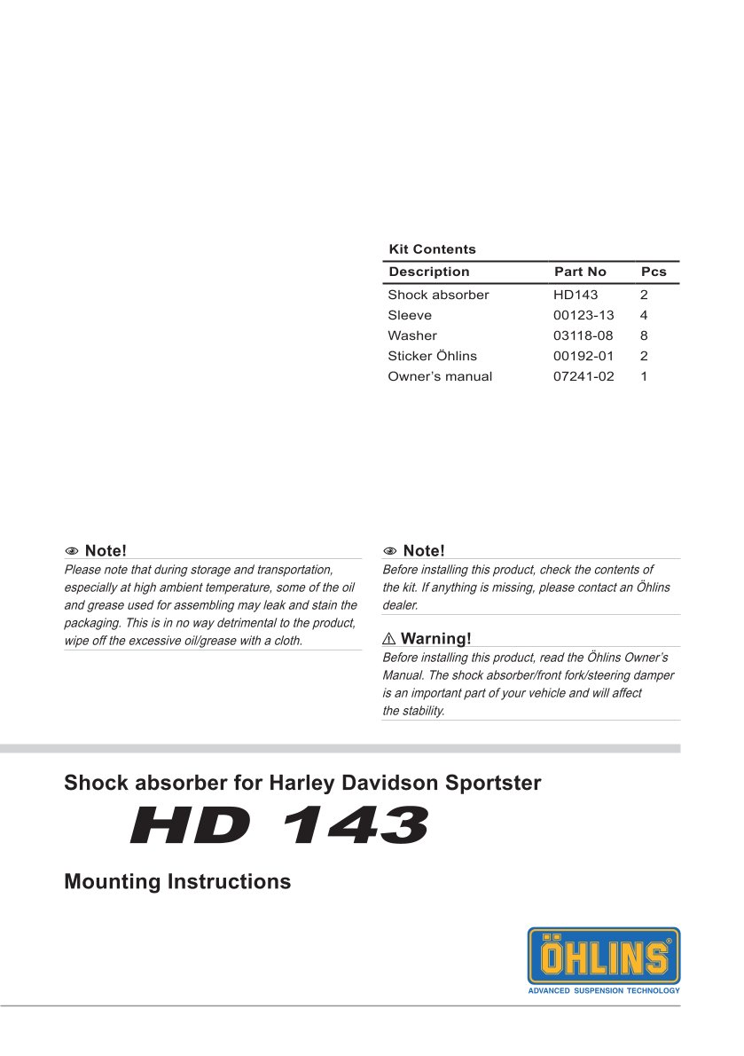 โช๊คหลังแต่ง Ohlins HD143 For Harley-Davidson XL Sportster ปี 2004-2022