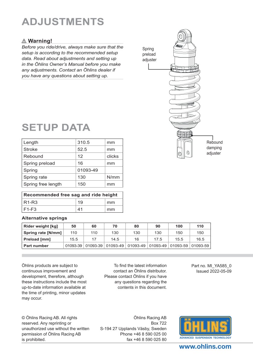 โช๊คหลังแต่ง Ohlins YA585 For Yamaha YZF R7 ปี 2021-2024