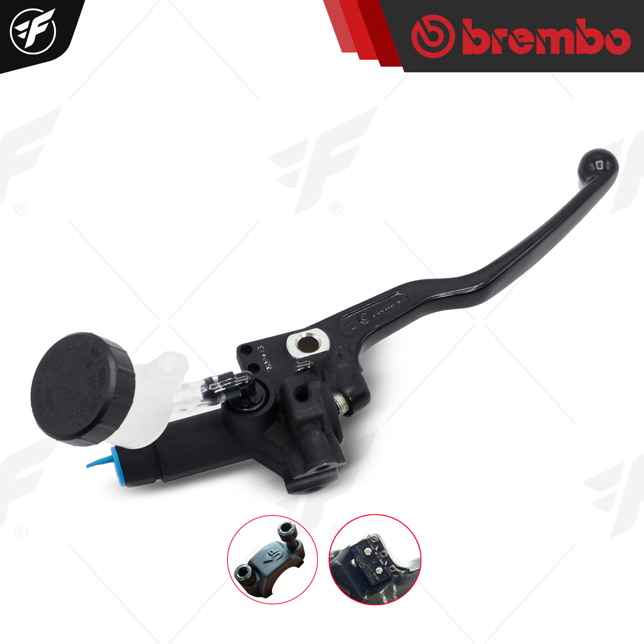 ปั๊มเบรค Brembo ฐานดำเบอร์ 16 + กระปุกใส (มีประกบหลัง และสวิตซ์)