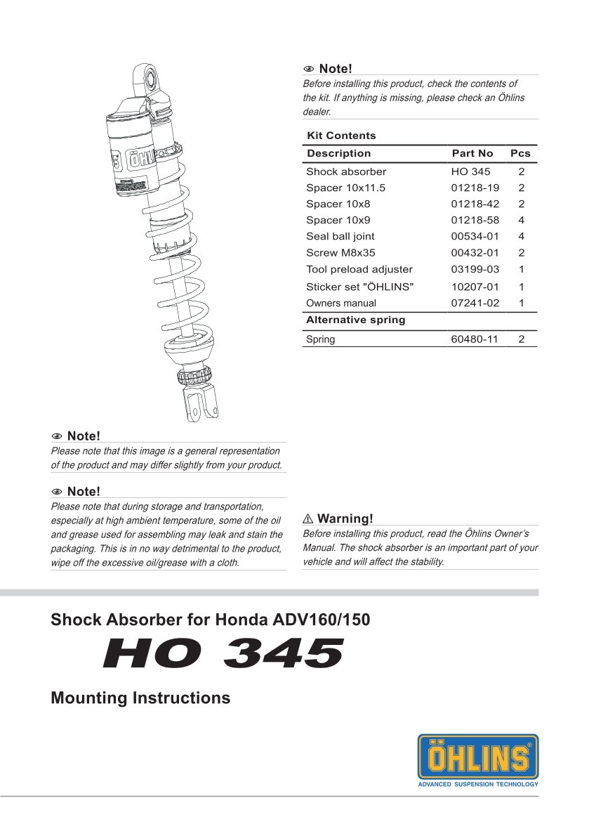 โช๊คหลังแต่ง Ohlins HO345 For Honda ADV 160 ปี 2022-2023