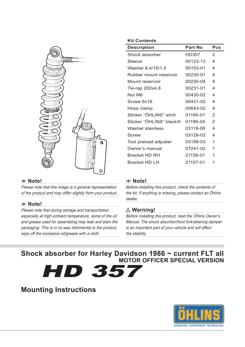 โช๊คหลังแต่ง Ohlins HD357 For Harley-Davidson FLH/FLT Touring ปี 1998-2013