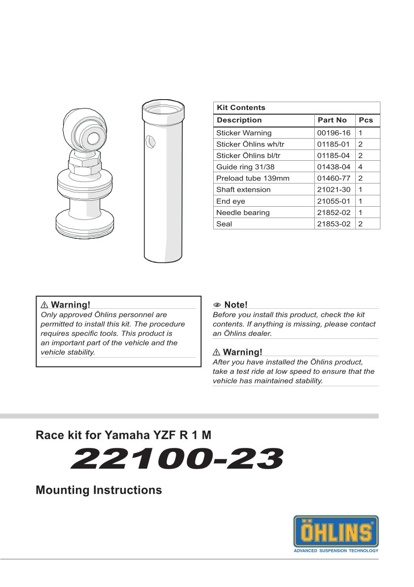 สปริงโช้คหน้า Ohlins 22100-23 For Yamaha YZF R1M 2015-2019