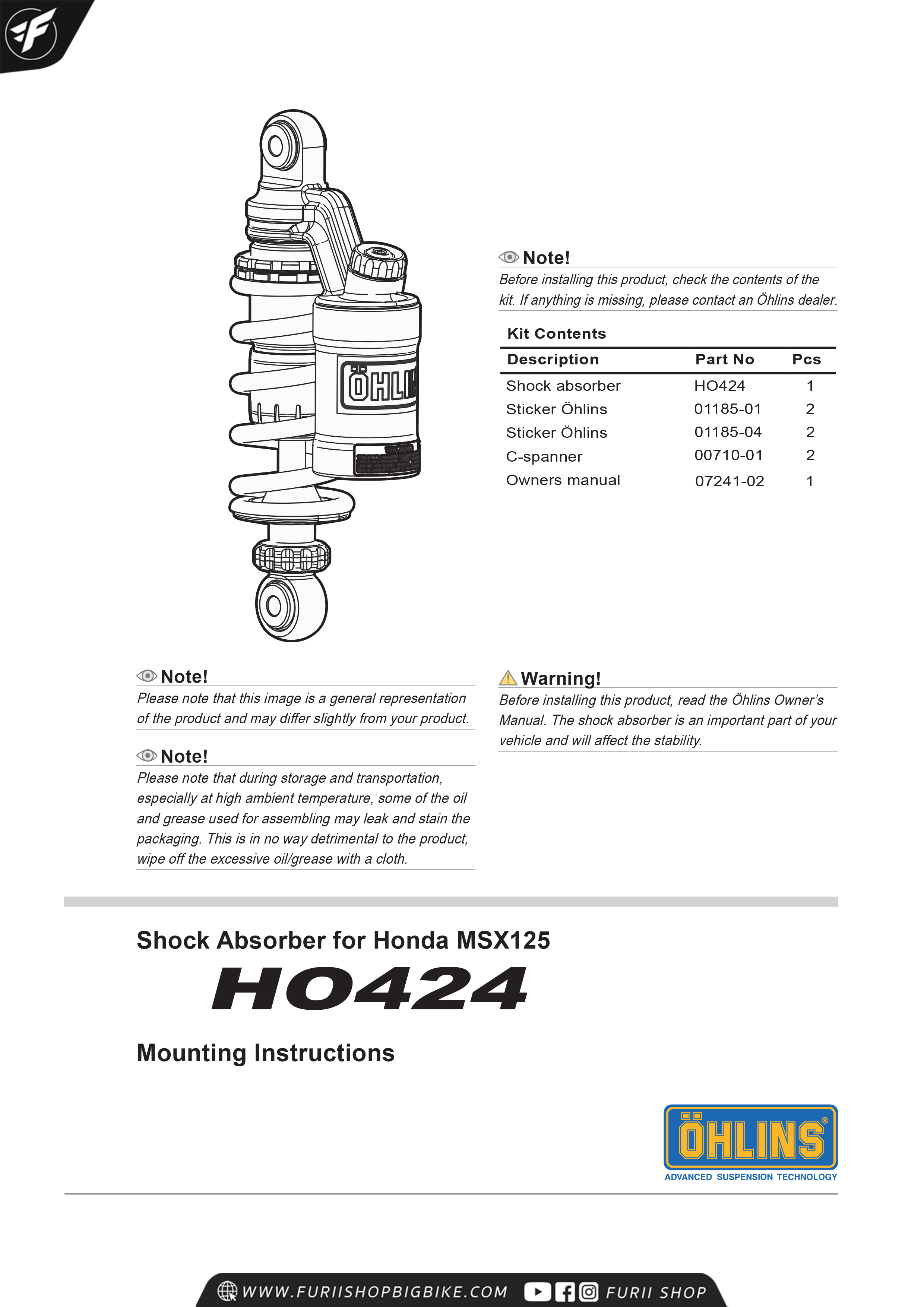 โช๊คหลัง โช๊คแต่ง โช๊คมอเอตร์ไซค์ OHLINS HO424 FOR ฮอนด้า HONDA MSX125