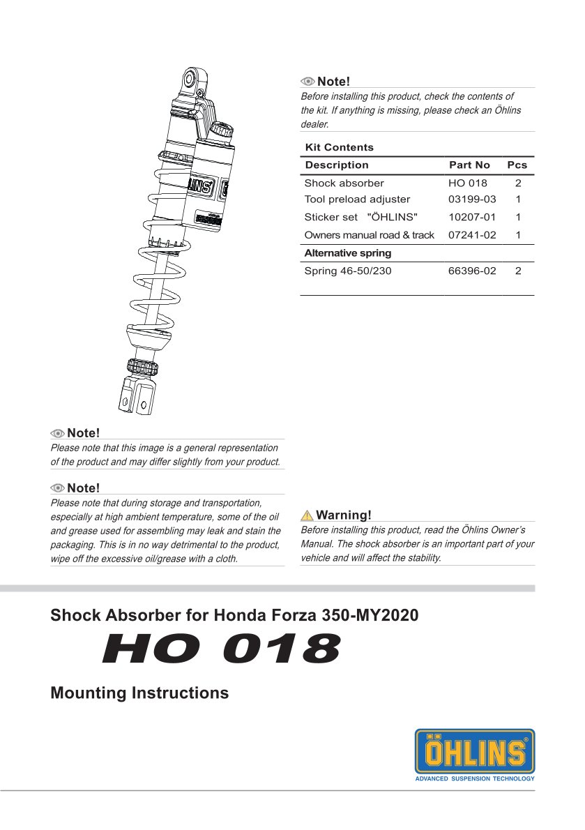 โช๊คหลังแต่ง Ohlins HO018 For Honda Forza 300 ปี 2018-2020