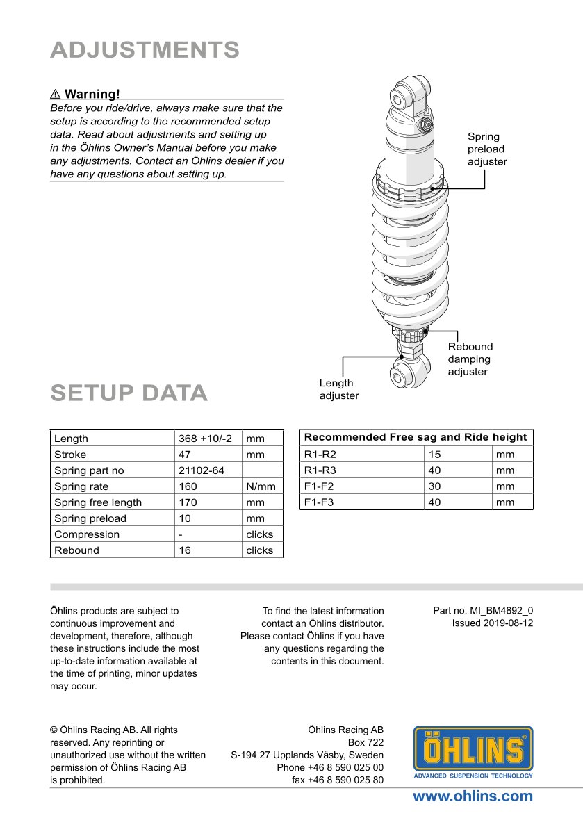 โช๊คหลังแต่ง Ohlins BM489 For BMW R nineT Racer ปี 2017-2020
