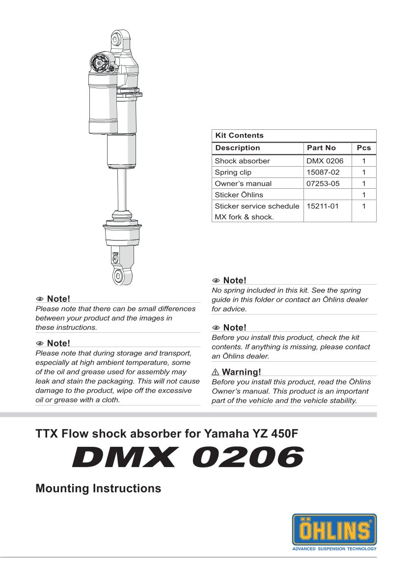 โช๊คหลังแต่ง Ohlins DMX0206 For Yamaha YZ 450F ปี 2018-2024