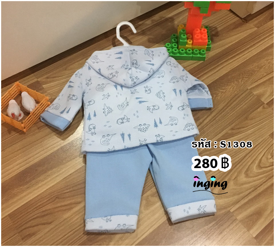 S1308_[Size-NB-สีฟ้าลายไดโนเสาร์]_ชุดเช็ต3ชิ้นเสื้อ+กางเกง+เสื้อคลุมมีหมวก