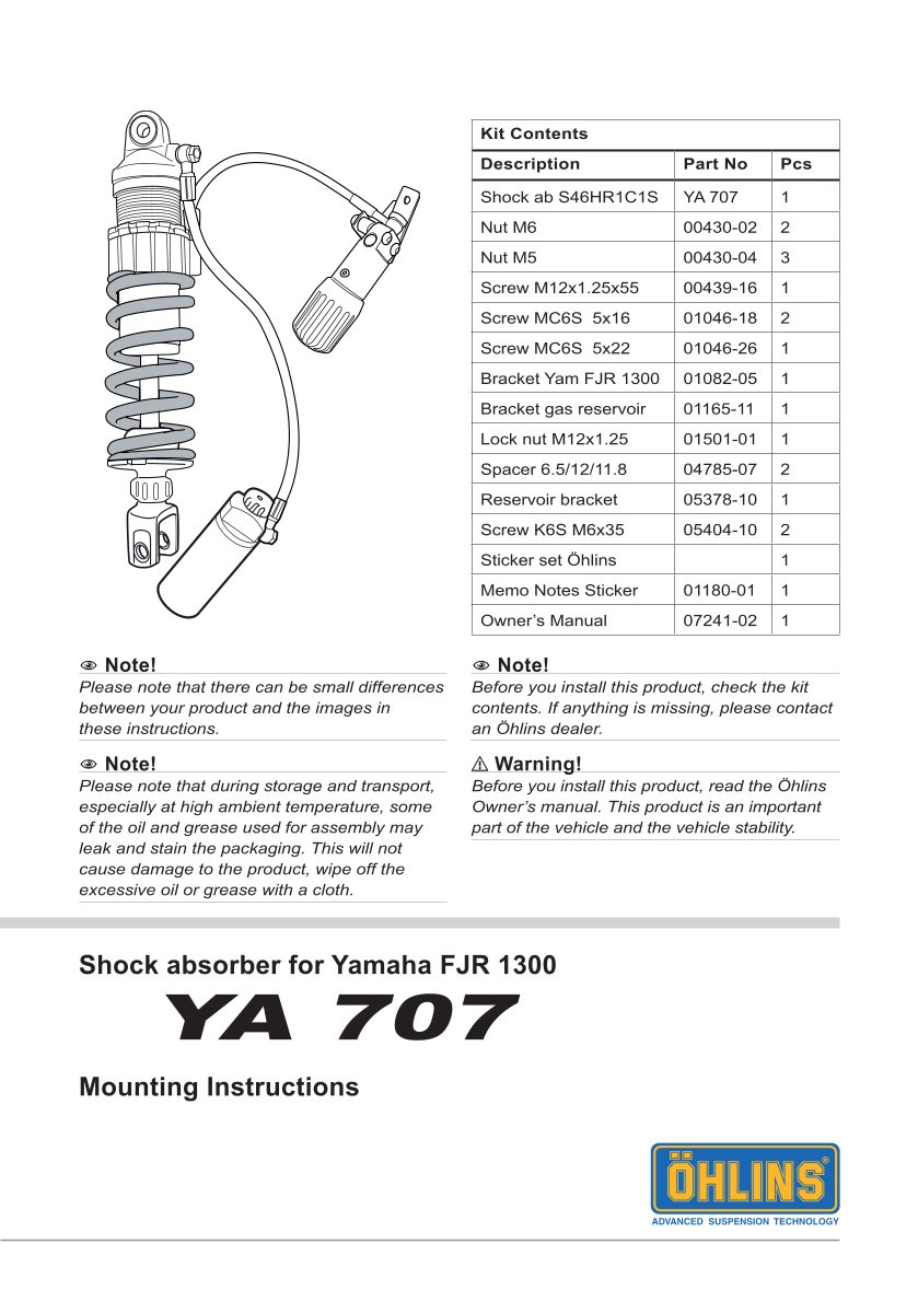 โช๊คหลังแต่ง Ohlins YA707 For Yamaha FJR 1300 ปี 2006-2012