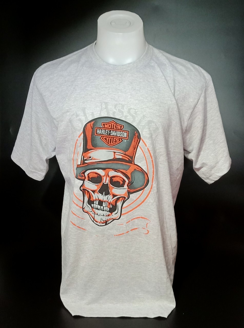 เสื้อยืดแขนสั้น H-D ลายกระโหลกใส่หมวก เทาเข้ม L