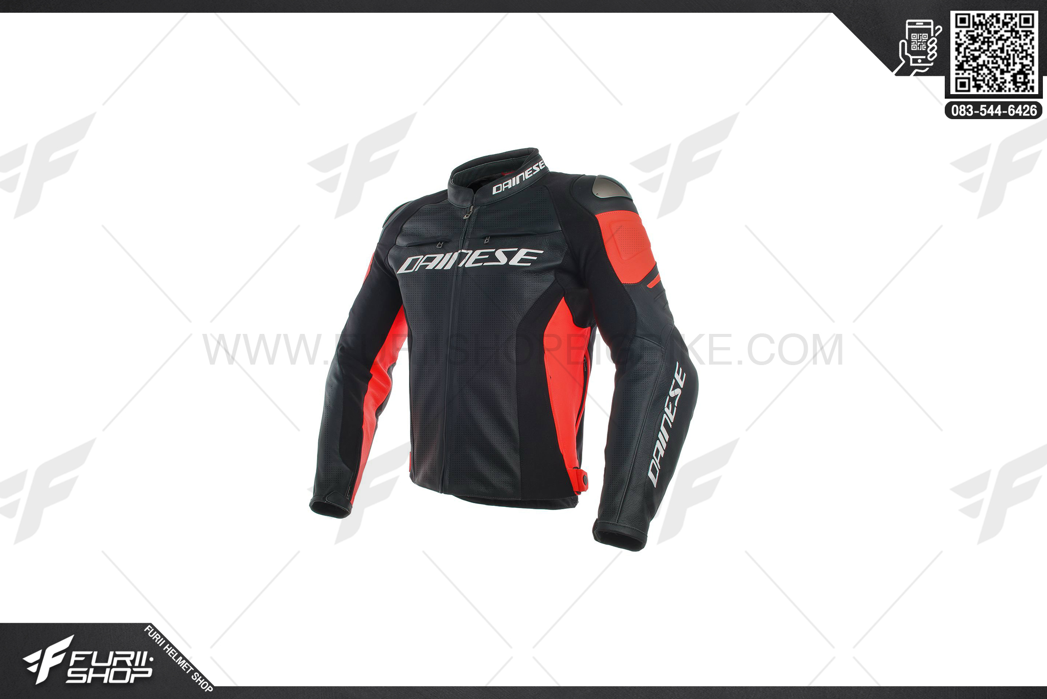 เสื้อแจ็คเก็ต DAINESE racing 3 perf, leather jacket-blk/blk/fluo-red