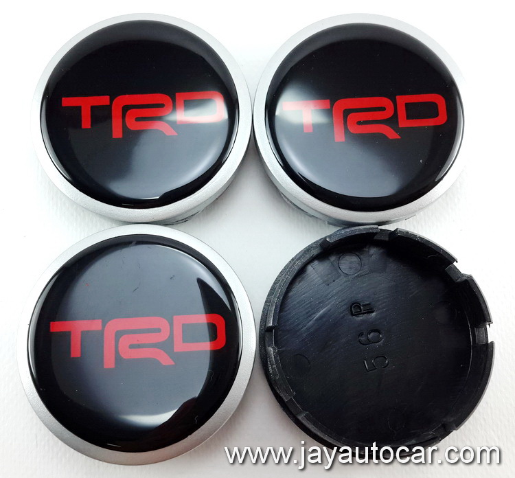 ฝาล้อรถยนต์ TOYOTA สำหรับ ล้อแม็ก สติ๊กเกอร์ TRD ตัวหนังสือสีแดงพื้นดำ ขนาด 56 มิล 1ชุด 4ชิ้น 56mm.