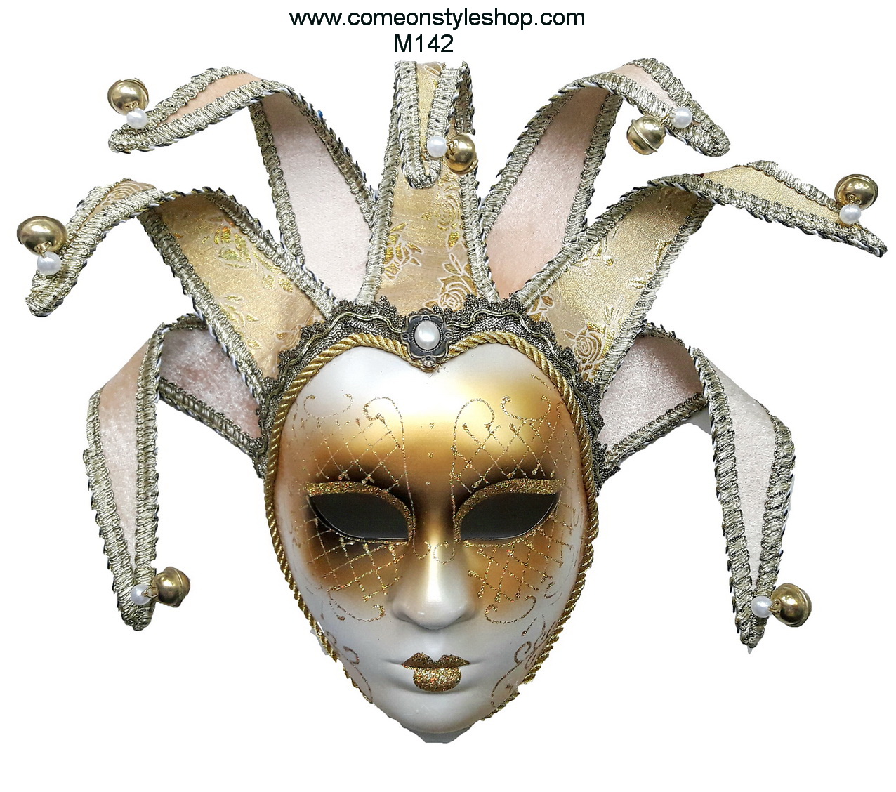หน้ากากแฟนซี เวนิส สีทองครีม หน้ากากออกงานปาร์ตี้ Classic Gold Joker Venetian