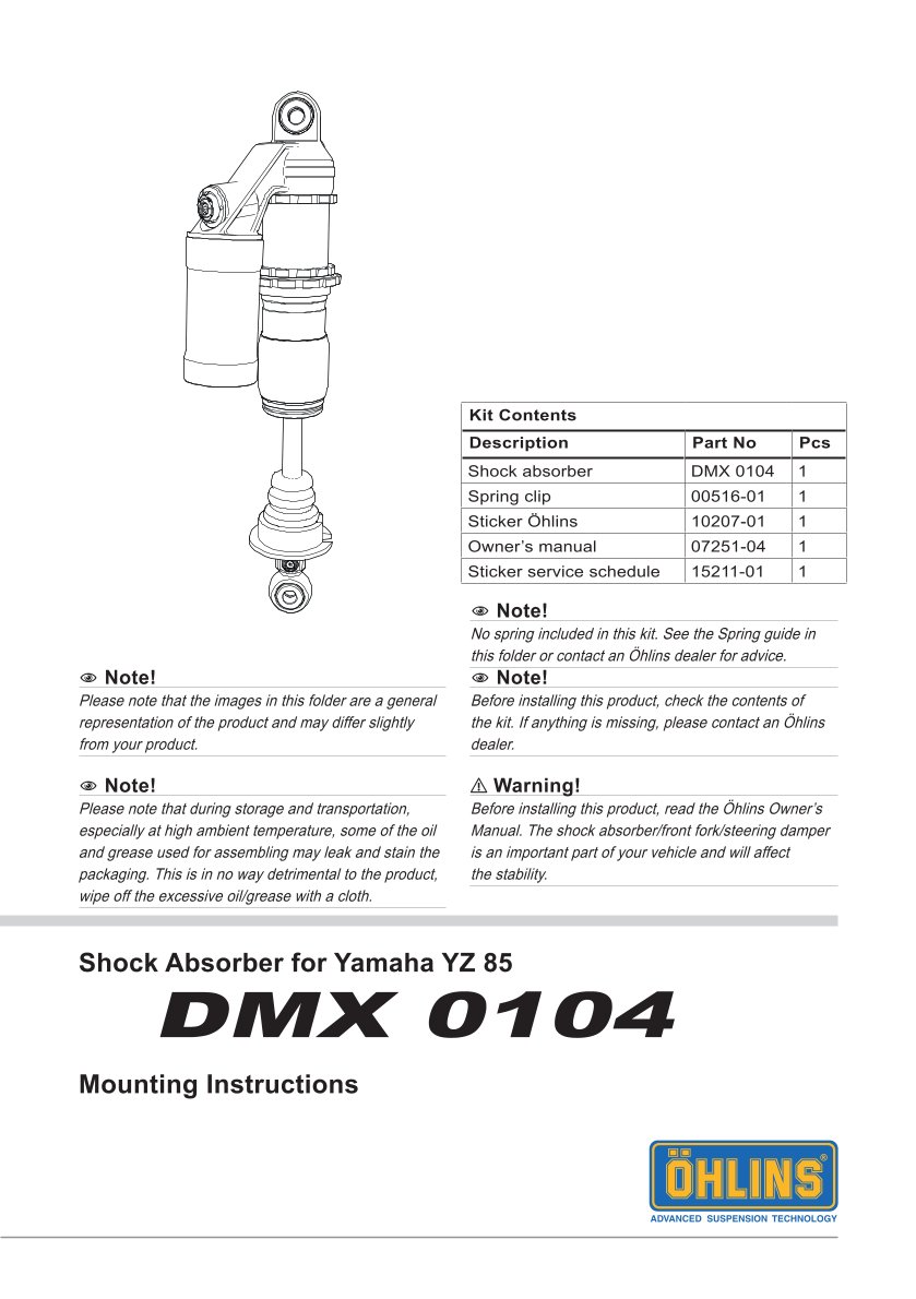 โช๊คหลังแต่ง Ohlins DMX0104 For Yamaha YZ 85 ปี 2019-2024