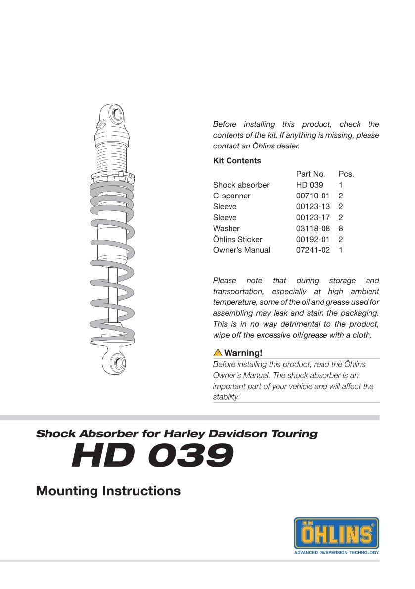 โช๊คหลังแต่ง Ohlins HD039 For Harley-Davidson FL Touring (Road King, Street Glide, Electra Glide etc) ปี 2006-2022