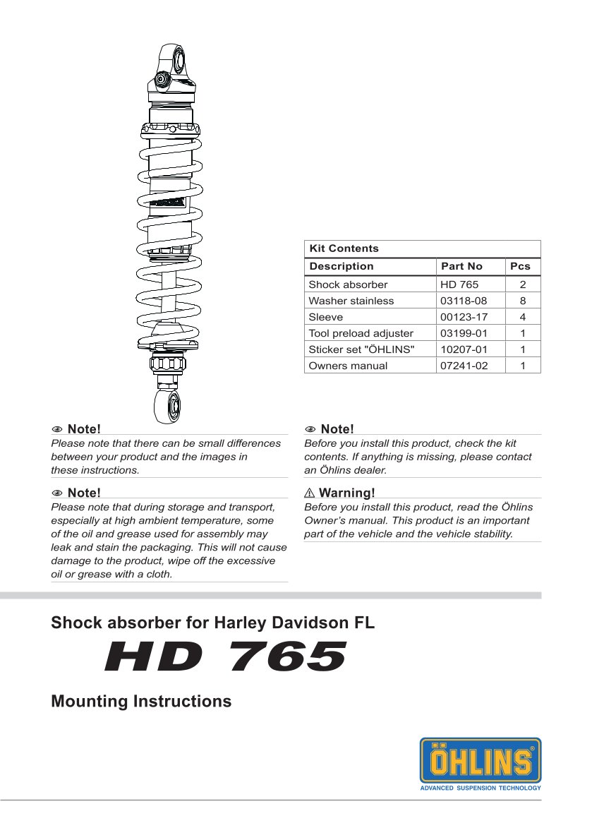 โช๊คหลังแต่ง Ohlins HD765 For Harley-Davidson Dyna FXD ปี 1991-2017