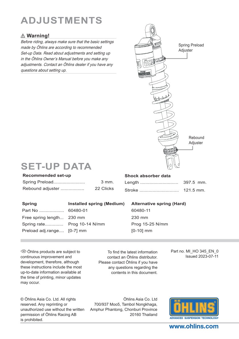 โช๊คหลังแต่ง Ohlins HO345 For Honda ADV 160 ปี 2022-2023
