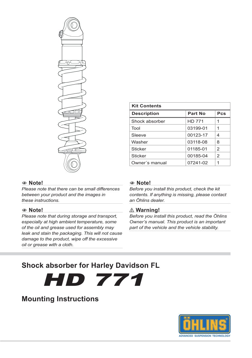 โช๊คหลังแต่ง Ohlins HD771 For Harley-Davidson FL Touring (Road King, Street Glide, Electra Glide etc) ปี 1990-2022