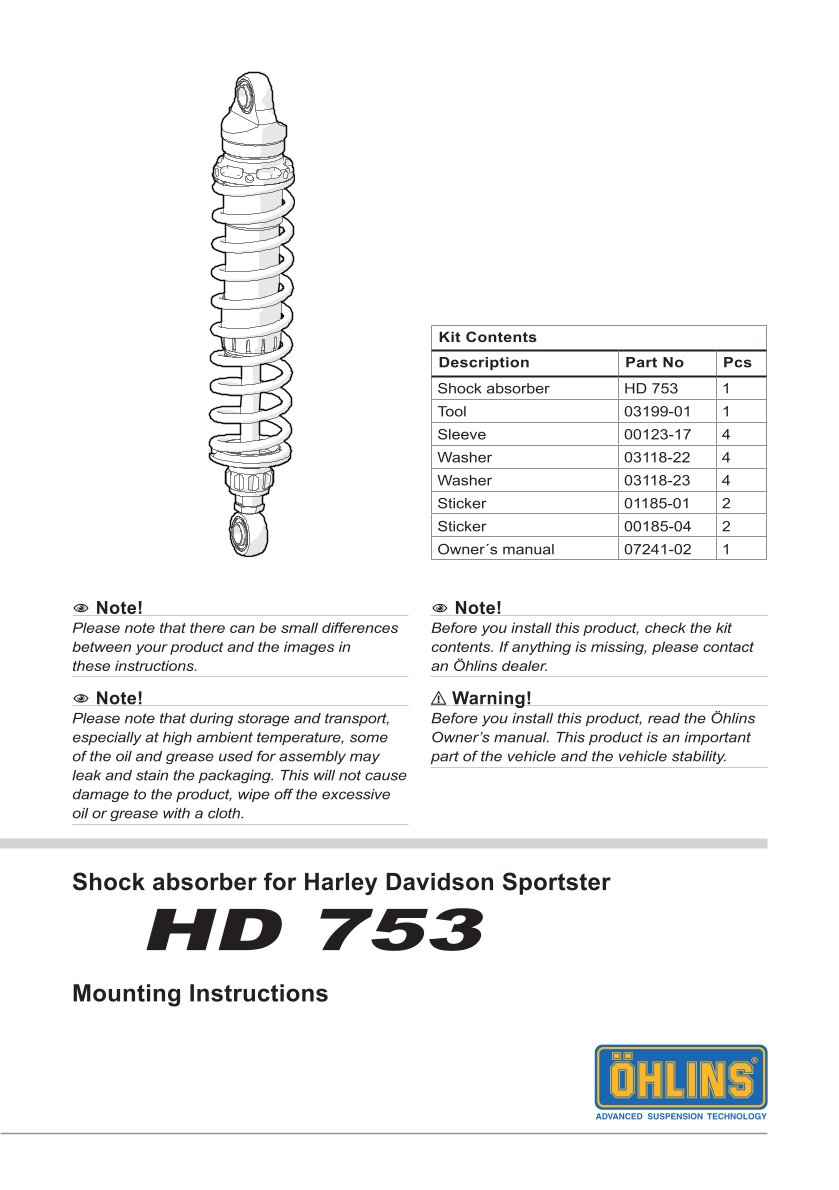 โช๊คหลังแต่ง Ohlins HD753 For Harley-Davidson XL Sportster ปี 2004-2022