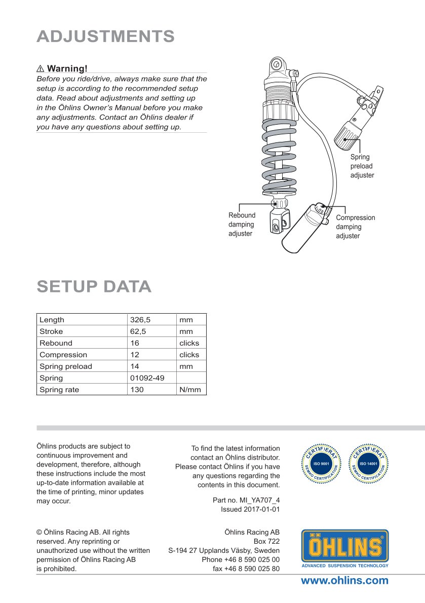 โช๊คหลังแต่ง Ohlins YA707 For Yamaha FJR 1300 ปี 2006-2012