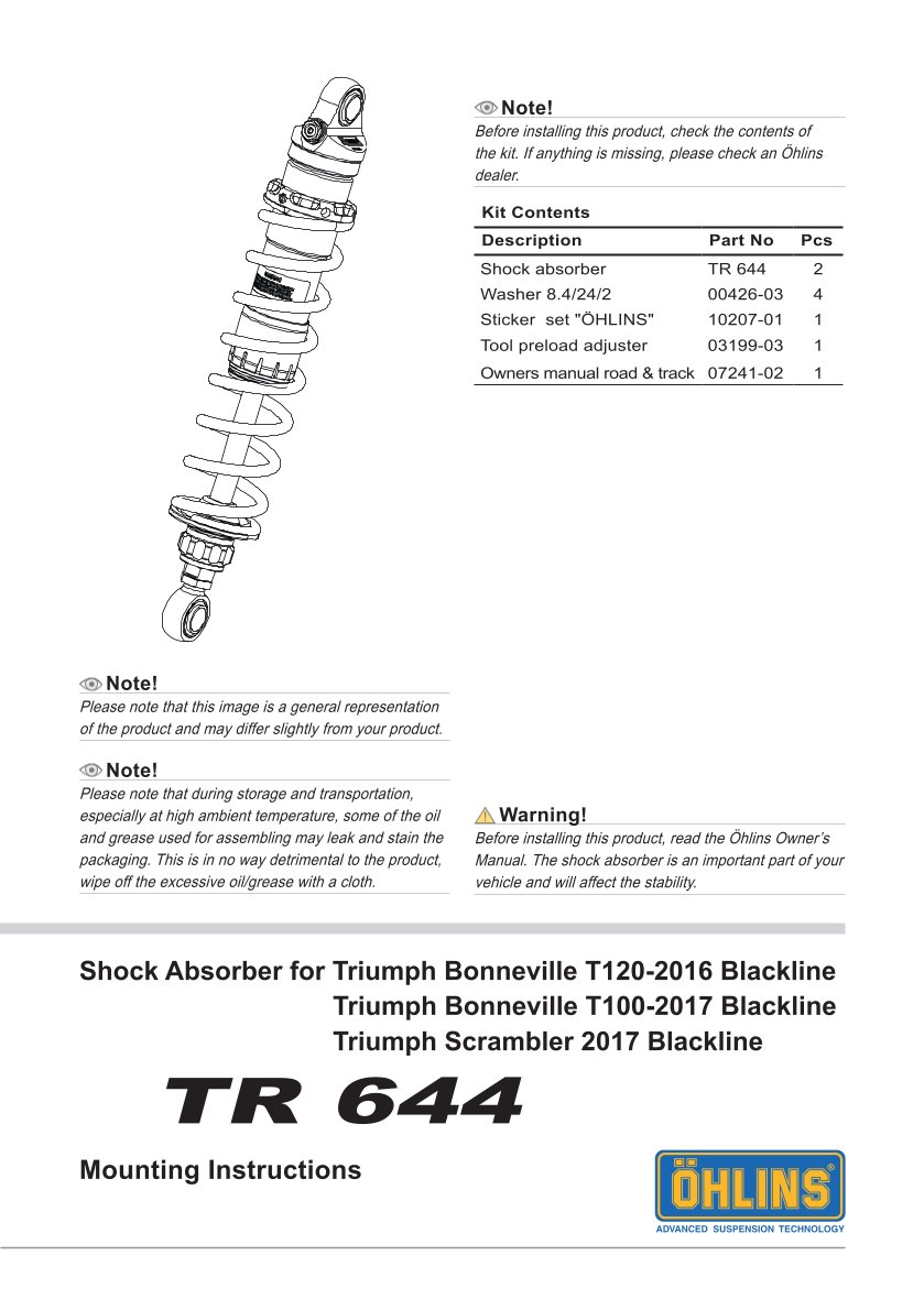 โช๊คหลังแต่ง Ohlins TR644 For Triumph Bonneville T120/Black ปี 2016-2021