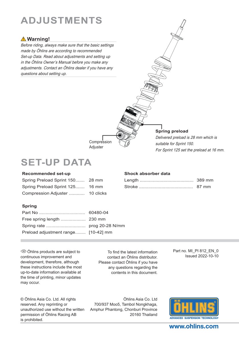 โช๊คหลังแต่ง Ohlins PI812 For Vespa Sprint 150 ABS ปี 2017-2024