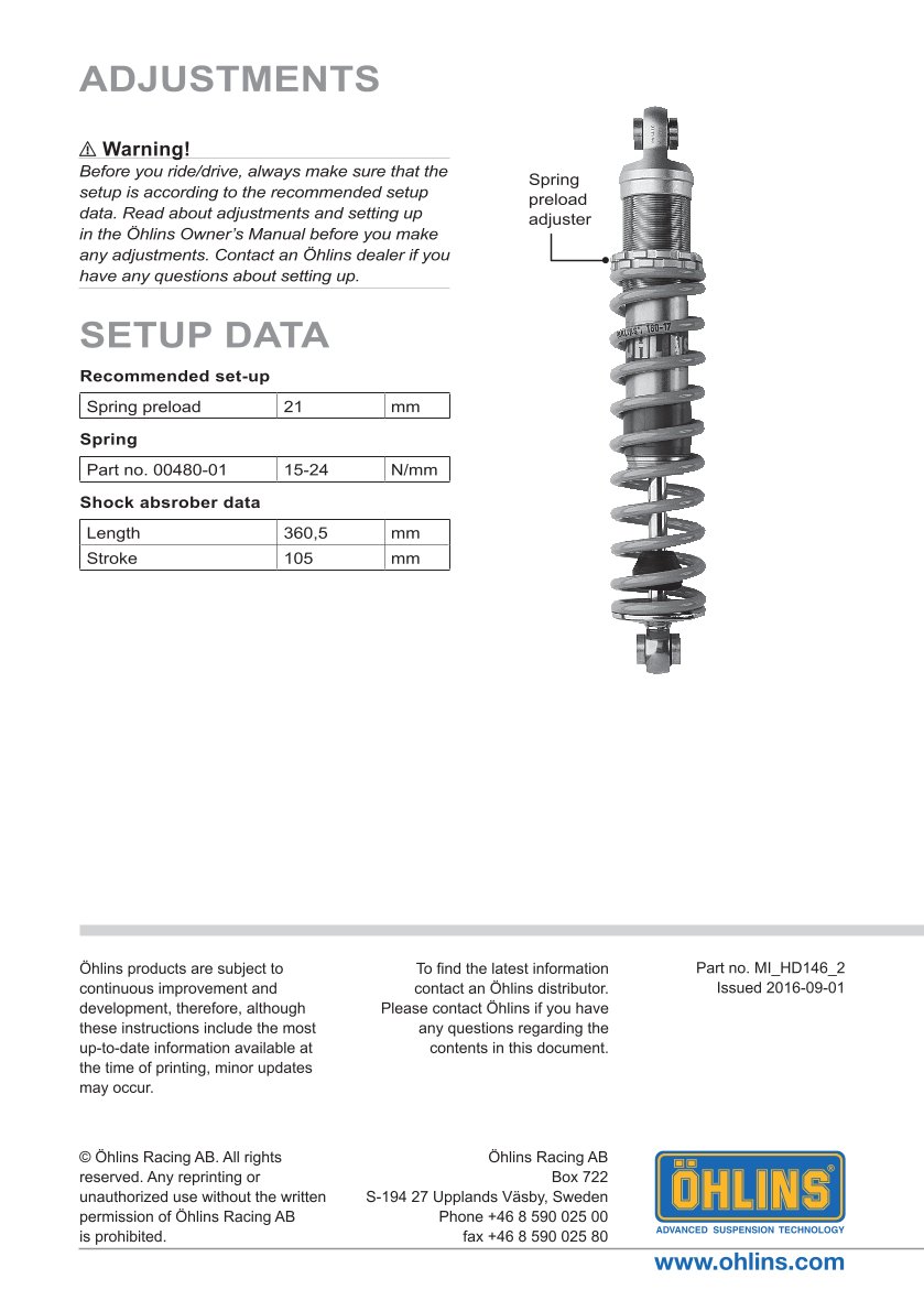 โช๊คหลังแต่ง Ohlins HD146 For Harley-Davidson XL Sportster ปี 2004-2022