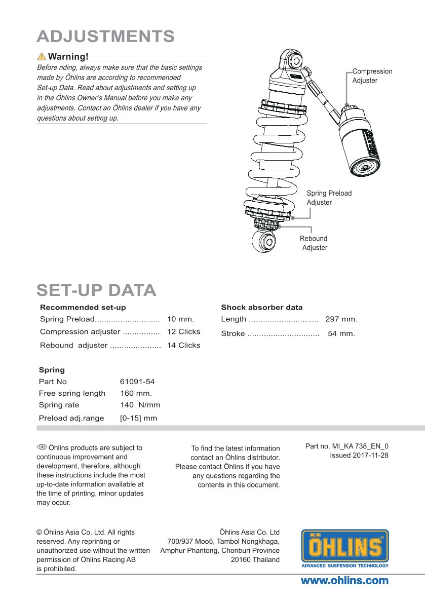 โช๊คหลัง OHLINS KA738 FOR Kawasaki Z650 2017-2018