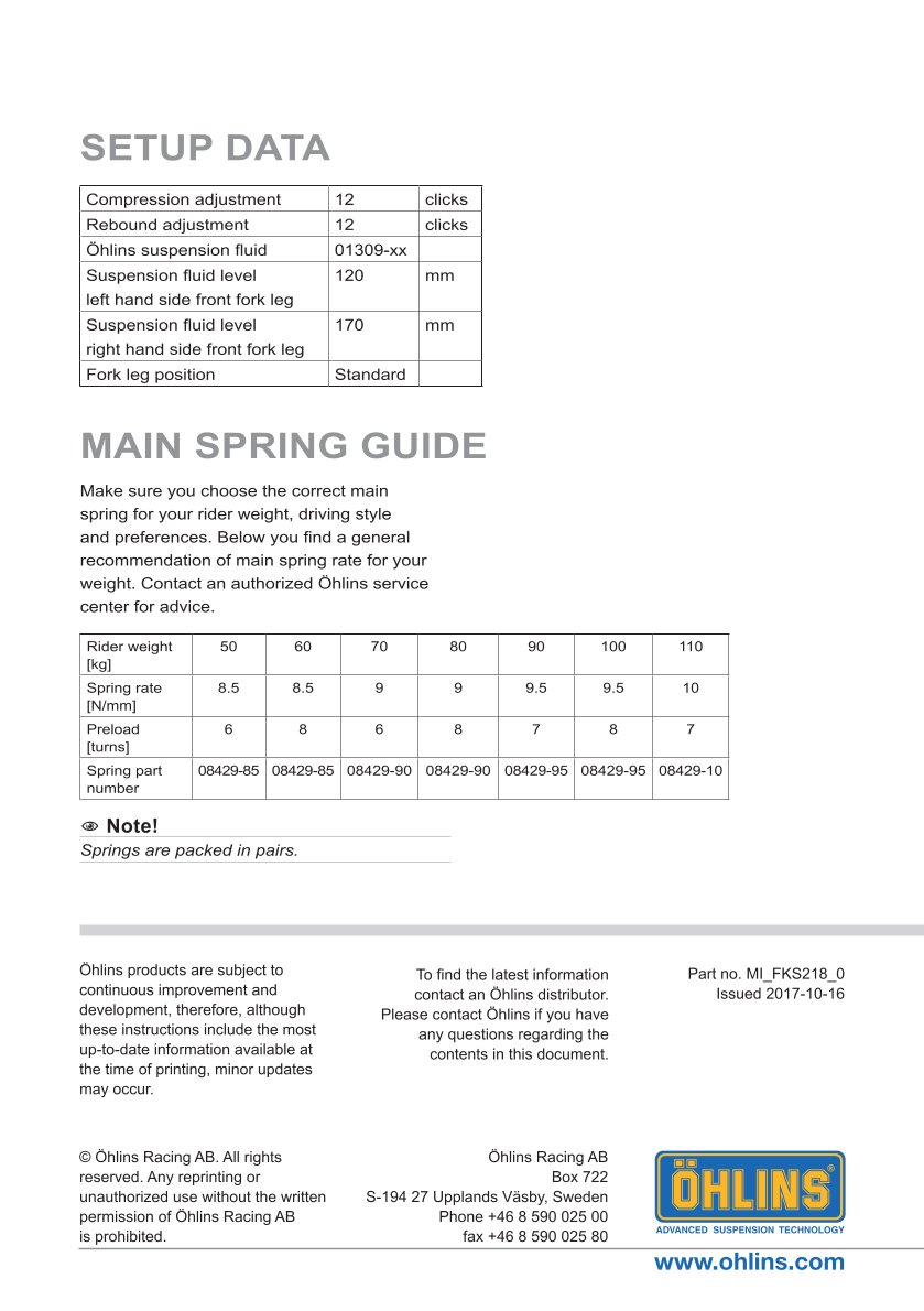 สปริงโช้คหน้า Ohlins FKS218 For Triumph Thruxton 1200 2016-2019