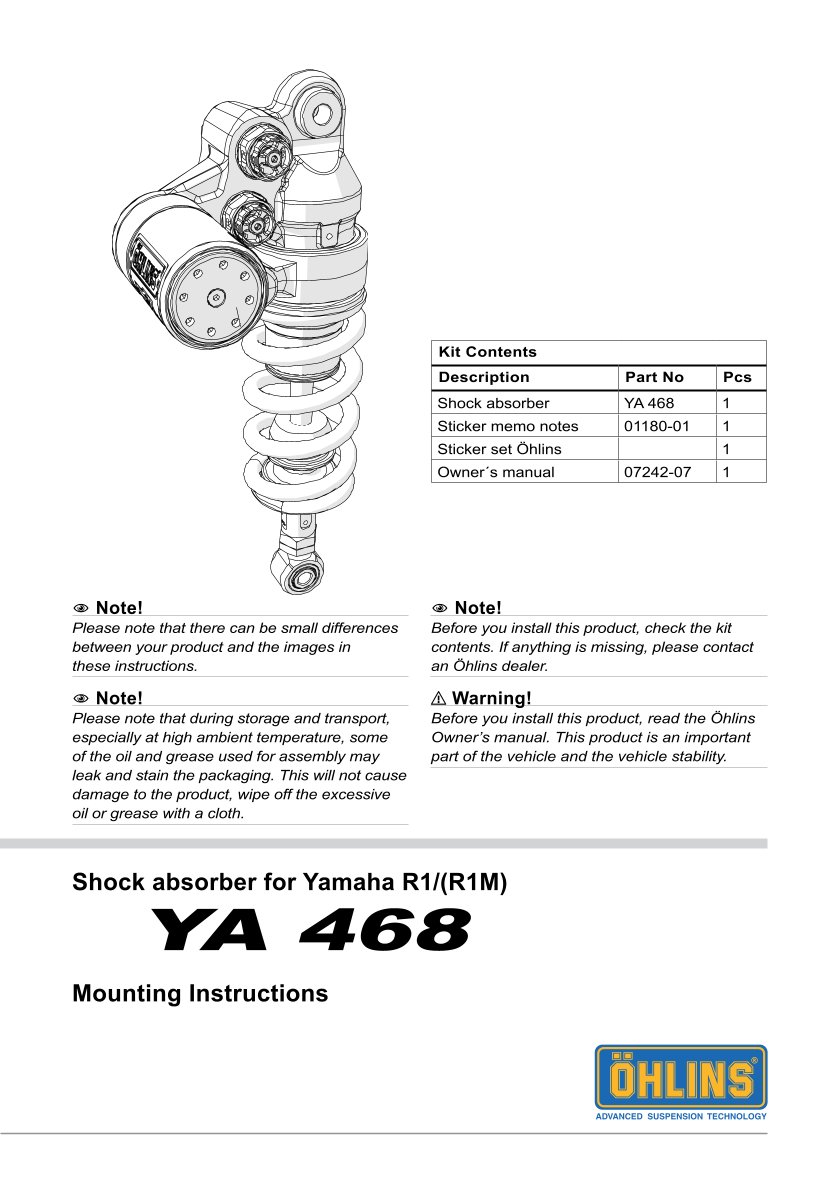 โช๊คหลัง OHLINS Sweden YA468 Yamaha YZF-R1, R1M, MT-10