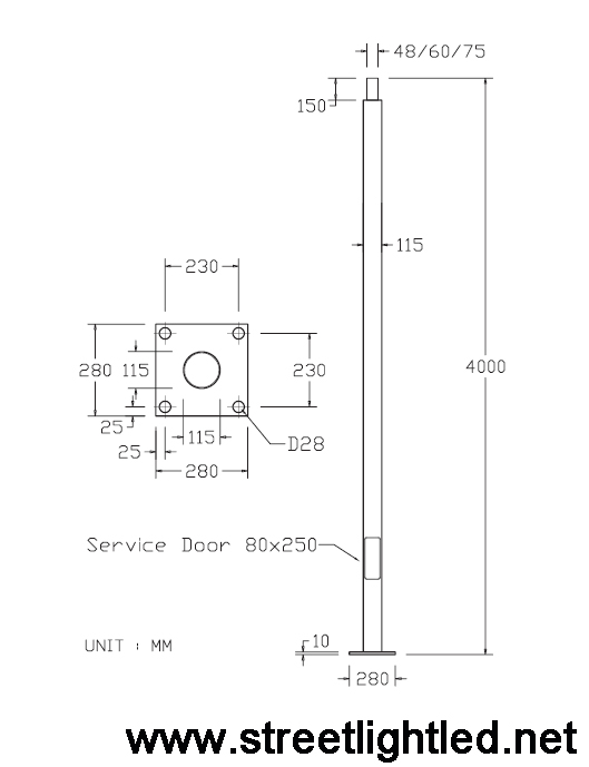 เสาไฟถนนตรง เหล็กสี่เหลี่ยม สูง 4 เมตร