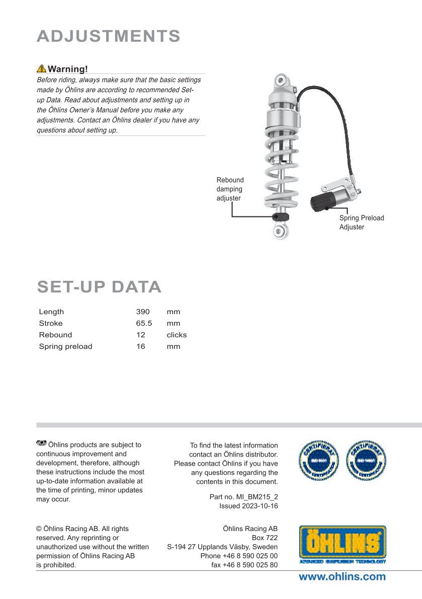 โช๊คหลังแต่ง Ohlins BM215 For BMW R 1150 GS Adventure ปี 2002-2005