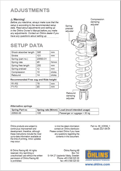 โช๊คหลังแต่ง Ohlins HO649 For Honda CRF1100 Africa Twin ABS (Showa) ปี 2020-2023