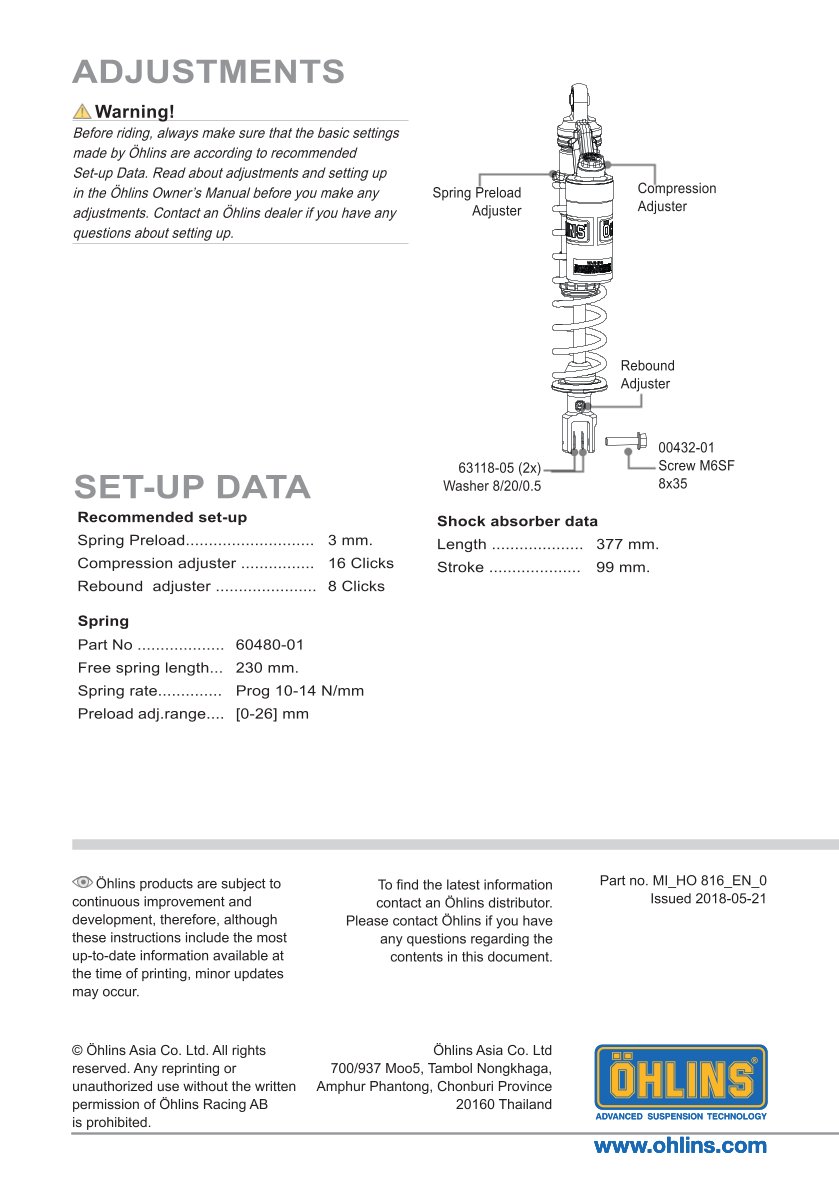 โช๊คหลังแต่ง Ohlins HO816 For Honda SH 150 Made in Vietnam ปี 2017-2019