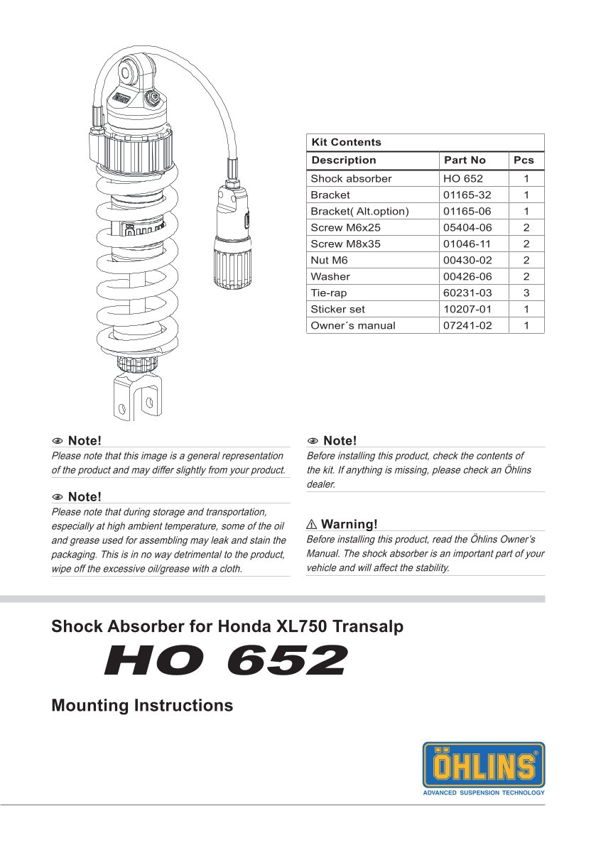 โช๊คหลังแต่ง Ohlins HO652 For Honda XL 750 Transalp ปี 2023-2024