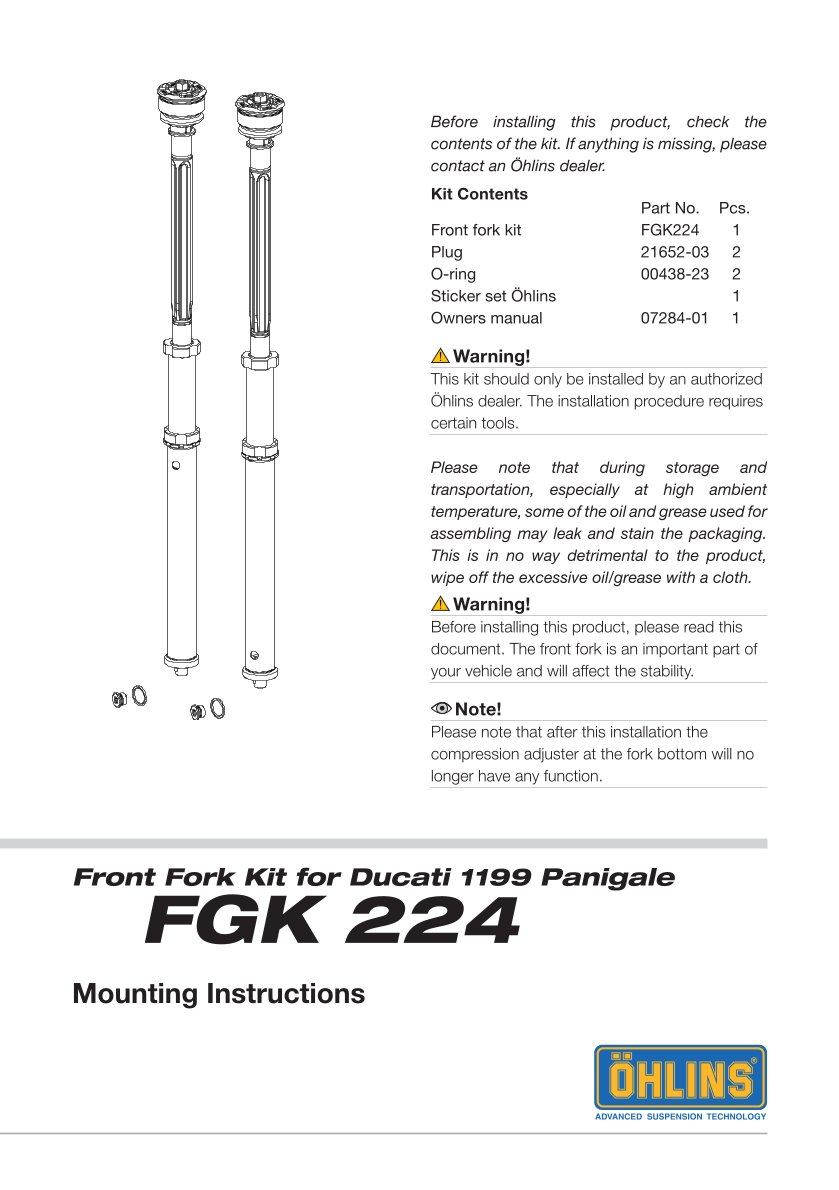 สปริงโช้คหน้า Ohlins FGK224 For Ducati 1199 Panigale (Marzocchi) 2012-2014