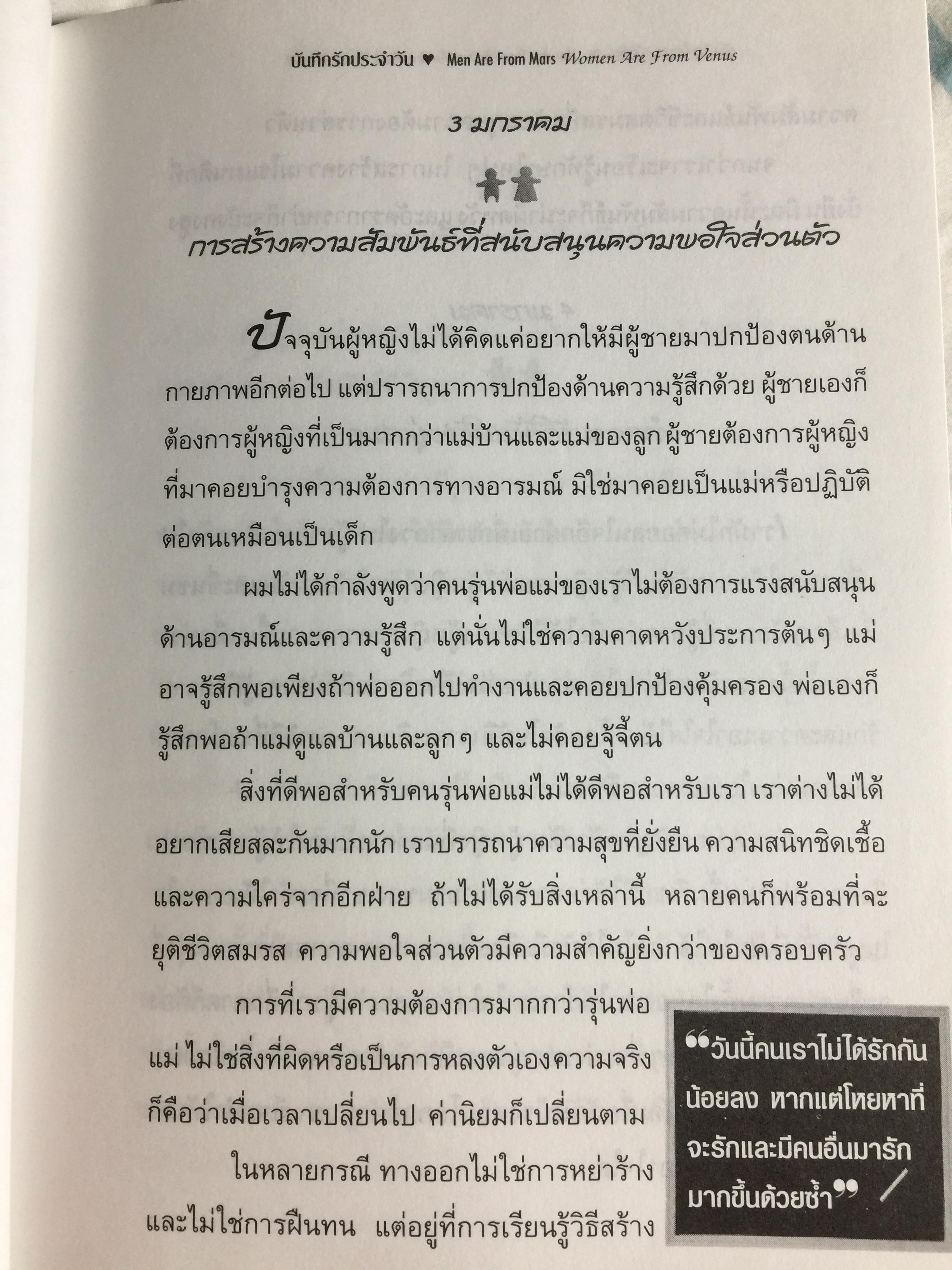 บันทึกรัก ประจำวัน MEN ARE FROM MARS Women are from Venus 365 แนวคิดรวมยอดจากเจ้าทฤษฎี Mars & Venus เพื่อความสัมพันธ์อันแนบแน่นของทุกคู่รัก. ผู้เขียน จอห์น เกรย์ ผู้แปล สิทธิพร ชื่นชุ่มจิตร์ 0 กก.