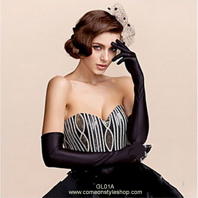 ถุงมือออกงาน แบบยาว 21 นิ้ว ถุงมือเจ้าสาว ผ้าซาติน เรียบหรู วินเทจสไตล์ Long gloves satin wedding bridal
