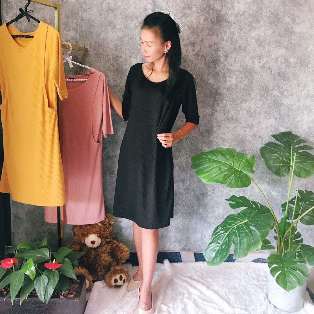 D14_[Size-M-สีดำ]_เดรสเปิดให้นมผ้าร่องแขนกระบอกคอปาด+ใส่คลุมท้องได้